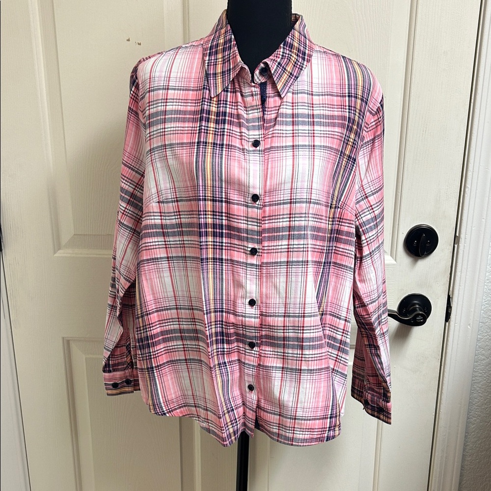 ALLISON DALEY PETITE BUTTON-UP PLAID MULTICOLOR SHIRT SIZE 14P, 97% Cotton, EUC